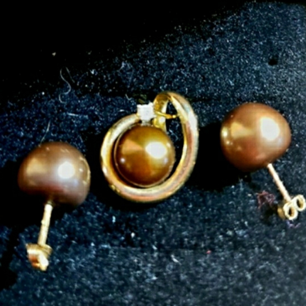 14K SOLID YG 9.7 MM EACH ROUND CHOC TAHITIAN SET - Picture 2 of 11